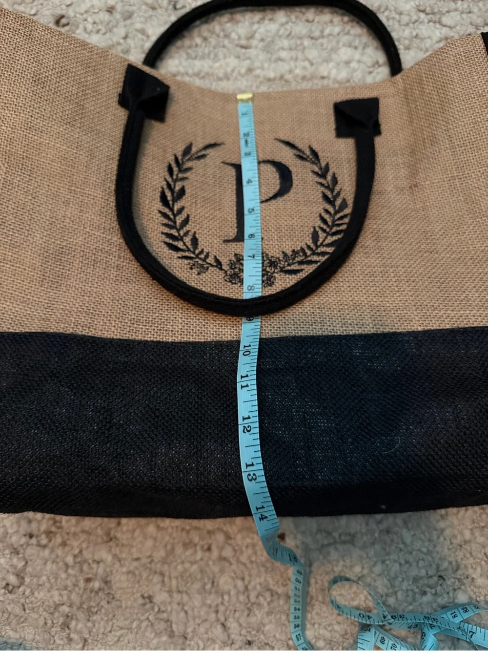 Monogram 'P' Jute Tote Bag in Natural and Black